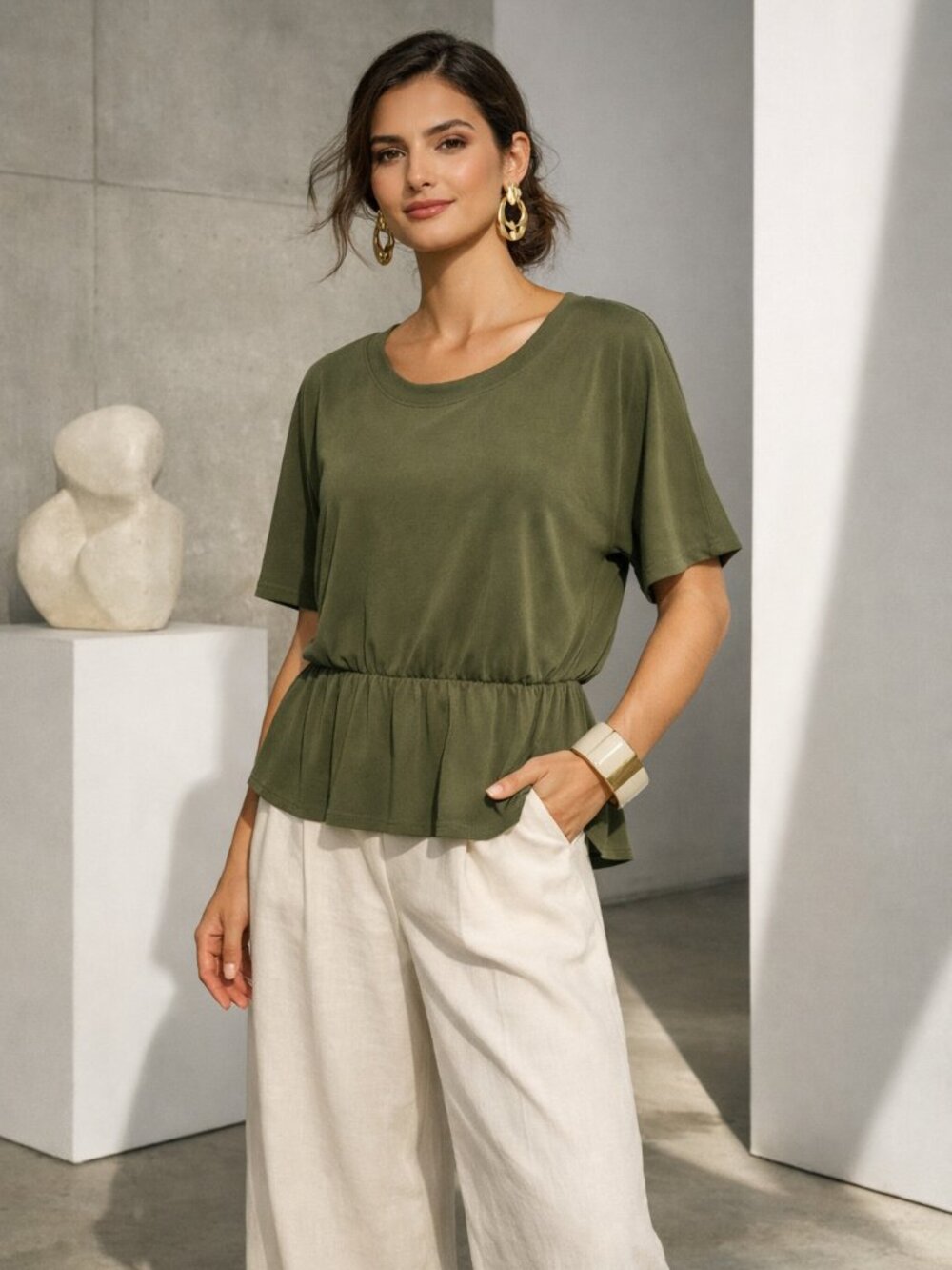 Chico’s Olive Green Dressy Short Sleeve Peplum Blouse/Top Size Med